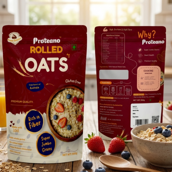 Proteano Premium Jumbo Rolled Oats - 900g | 100% Whole Grain | Gluten ...