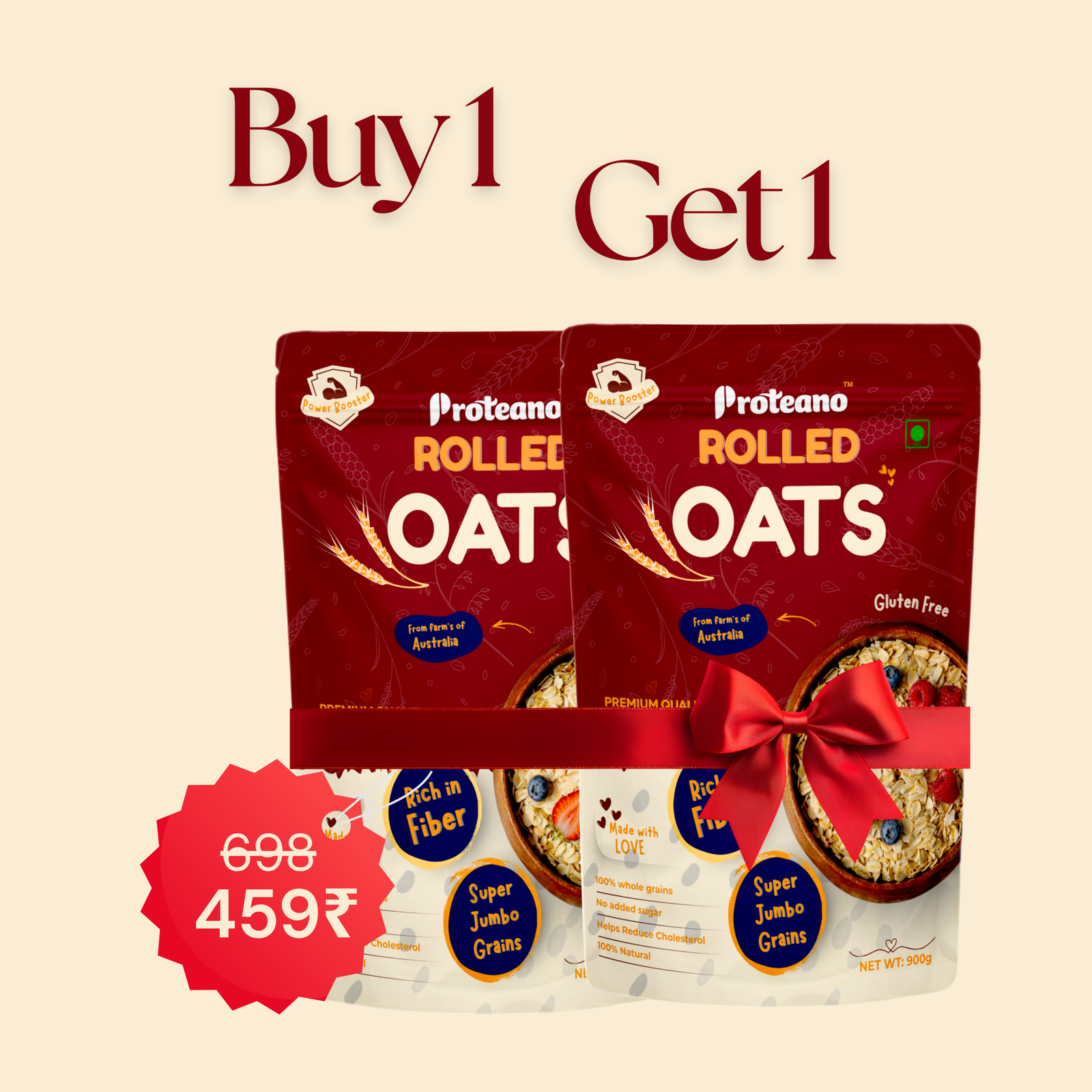 BUY 1 GET 1 @ 459.00₹ Proteano Premium Jumbo Rolled Oats - 900g X 2| 100% Whole Grain | Gluten-Free & Heart Healthy