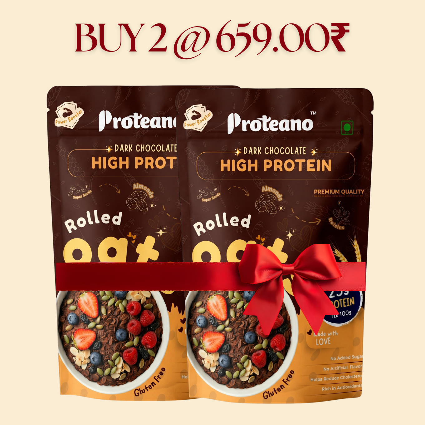 Buy 2 @ 659₹ Proteano High Protein Dark Chocolate Rolled Oats – 1200g | 100% Whole Grain & Dark Chocolate | Gluten-Free & Heart Healthy
